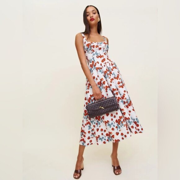 NEW Reformation Balia Midi Linen Dress in Strawberry Jam White Red | US 2 - Picture 3 of 14